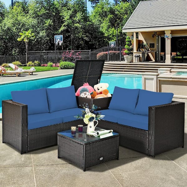 ANGELES HOME 4-Piece Rattan Patio Conversation Set with Navy Cushions and Storage Box