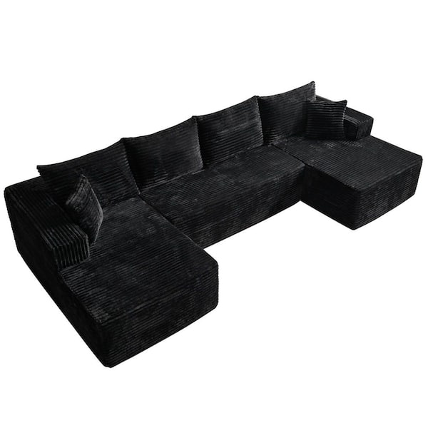 Varo 134 in. Wide Arm 3-Piece Modern Plush Corduroy U-Shape Modular Sectional Sofa in Black with Chaise