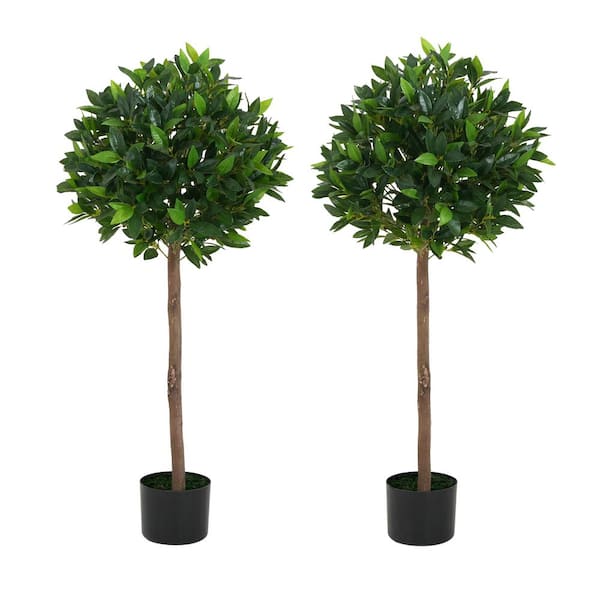 Warthen Indoor 4.08 ft. Green Artificial Topiary Bay Tree Ball With Black Plastic Pot, (Set-2)