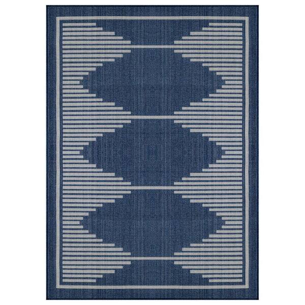 Geometric Navy/Ivory Easy-Care Jute-Style Indoor/Outdoor Flat Woven 6 ft. 6 in. x 9 ft. Navy Area Rug