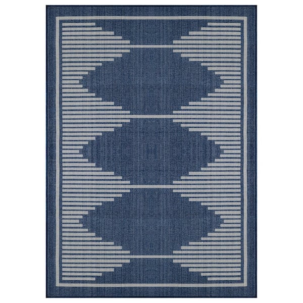 Geometric Navy/Ivory Easy-Care Jute-Style Indoor/Outdoor Flat Woven 9 ft. x 12 ft. Navy Area Rug