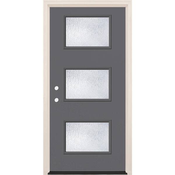 Builders Choice 36 in. x 80 in. Right-Hand/Inswing 3-Lite Rain Glass London Painted Fiberglass Prehung Front Door w/6-9/16 in. Frame
