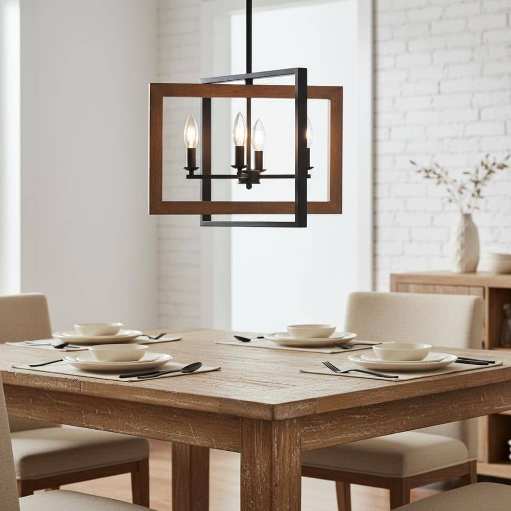 4-Light Black and Wood Rectangle Chandelier, Farmhouse Ceiling Light for Kitchen and Dining Area price history on PriceWatchPro