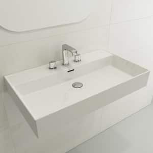 Milano Wall-Mounted White Fireclay Rectangular Bathroom Sink 32 in. 3-Hole with Overflow