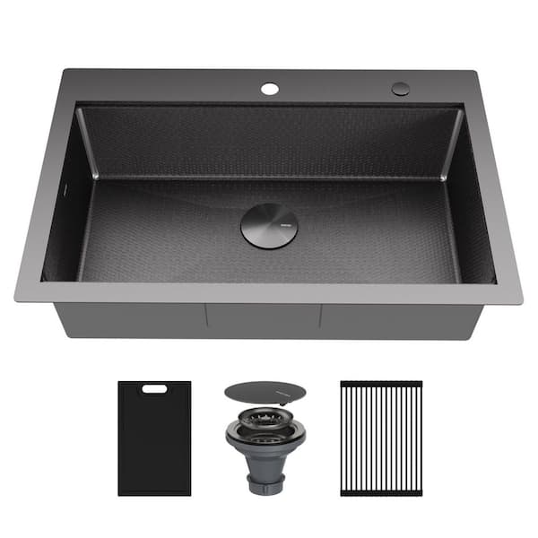 Matrix 33 in. Drop-In Single Bowl 16-Gauge Gunmetal Grey Stainless Steel Workstation Kitchen Sink