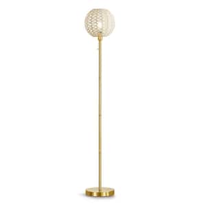 Kyoto 68 in. Brushed Brass Metal Standard Floor Lamp with Rattan Shade