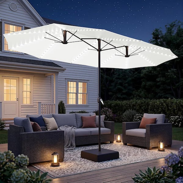 15 ft outdoor double-sided patio market umbrella with base AECOJOY 15 ft. Outdoor Double Sided Market Patio Umbrella with Base, Solar  Lights and Crank Handle in Ivory 19055BG_HD01