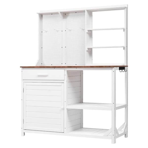 Tenleaf 50.2 in. W x 65.7 in. H White Fir Wood Potting Bench with Hutch, 4-Shelves and Adjustable Storage, Hooks