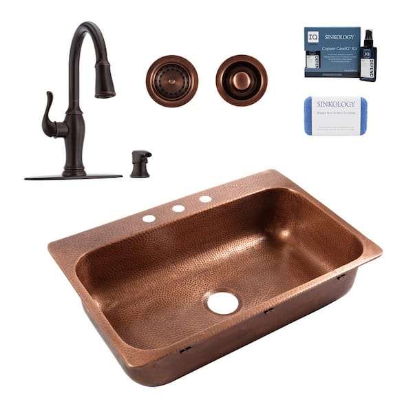 SINKOLOGY Angelico 33 in. 3-Hole Drop-In Single Bowl 17 Gauge Antique Copper Kitchen Sink with Maren Bronze Faucet Kit