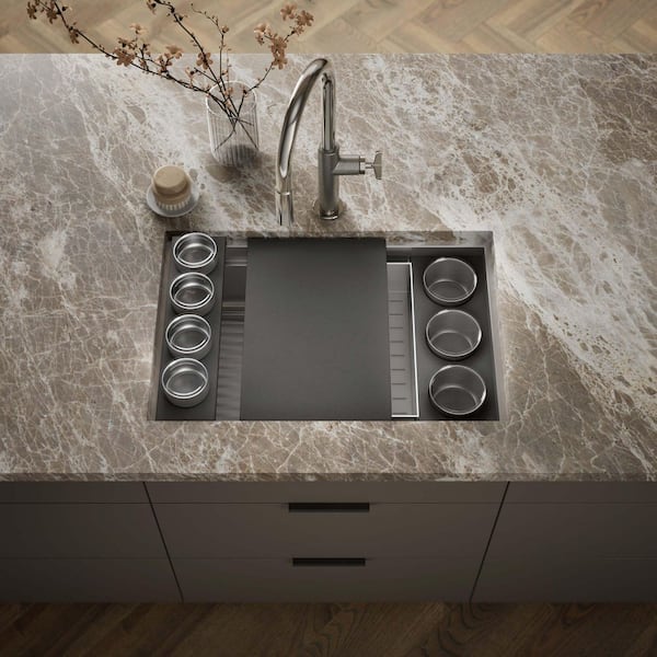 Synthos 27.75 in Undermount Single Bowl Stainless Steel Workstation Kitchen Sink with Paper Composite Accessory Bundle