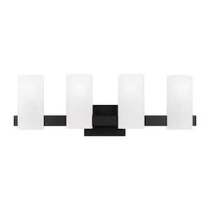 Rhode 27 in. 4-Light Midnight Black Extra Large Vanity Light with Etched Glass Shades