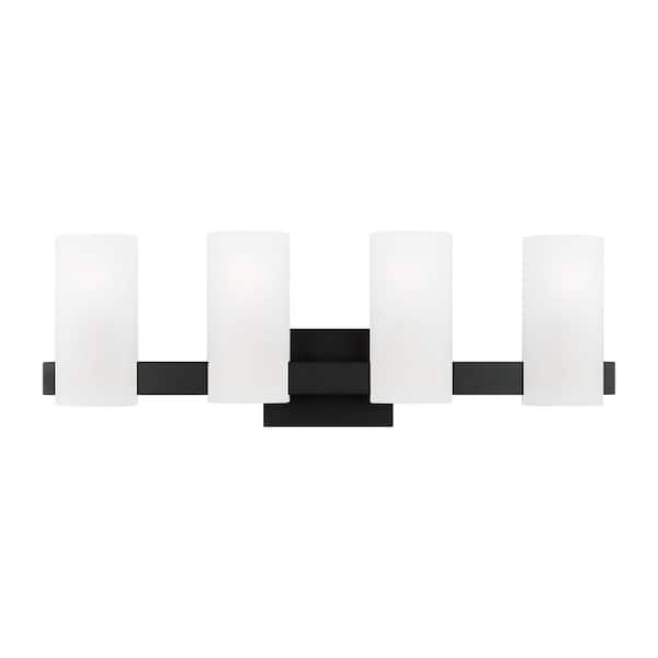 SCOTT LIVING Rhode 27 in. 4-Light Midnight Black Extra Large Vanity Light with Etched Glass Shades