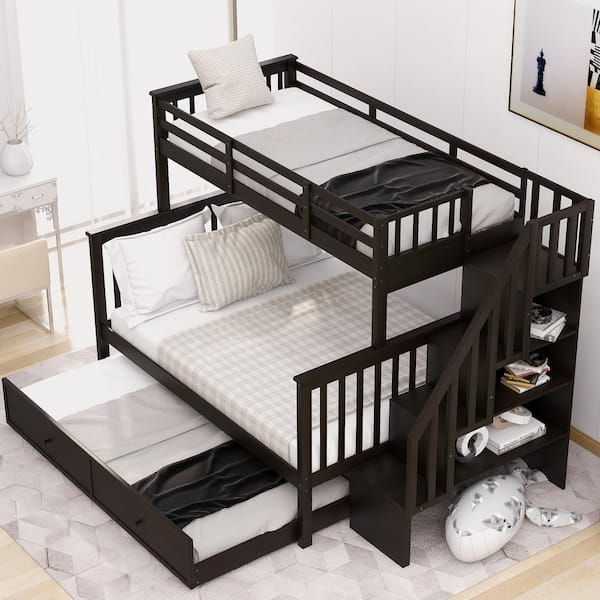 Polibi Espresso Stairway Twin Over Full, Twin Over Full Bunk Bed With Trundle And Storage