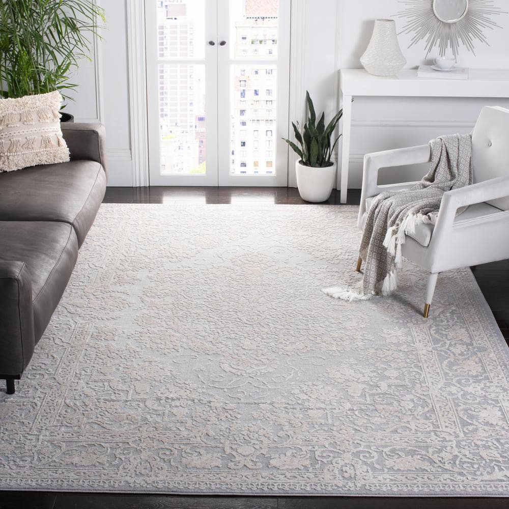 Light Grey and Cream Floral Square Synthetic Area Rug