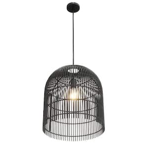 1-Light 13.38 in. Boho Rattan Wicker Black Pendant Light Farmhouse Natural Adjustable Ceiling Lighting