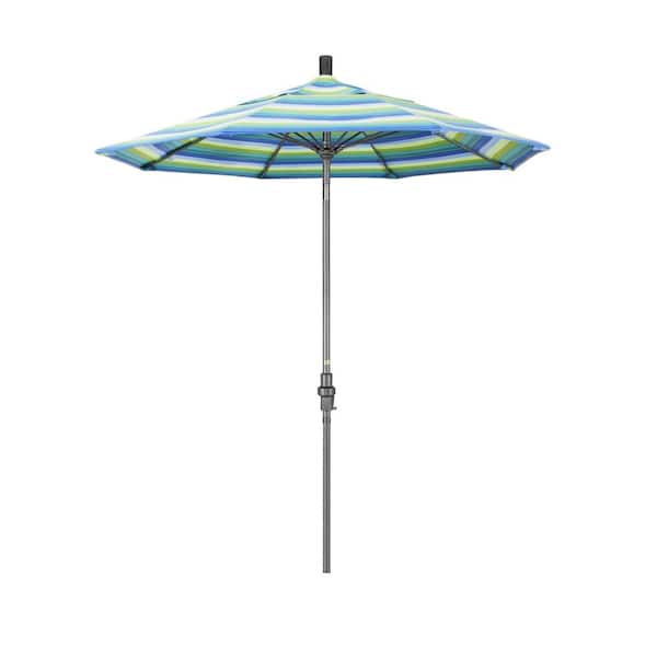 California Umbrella 7.5 ft. Grey Aluminum Market Collar Tilt Crank Lift Patio Umbrella in Seville Seaside Sunbrella