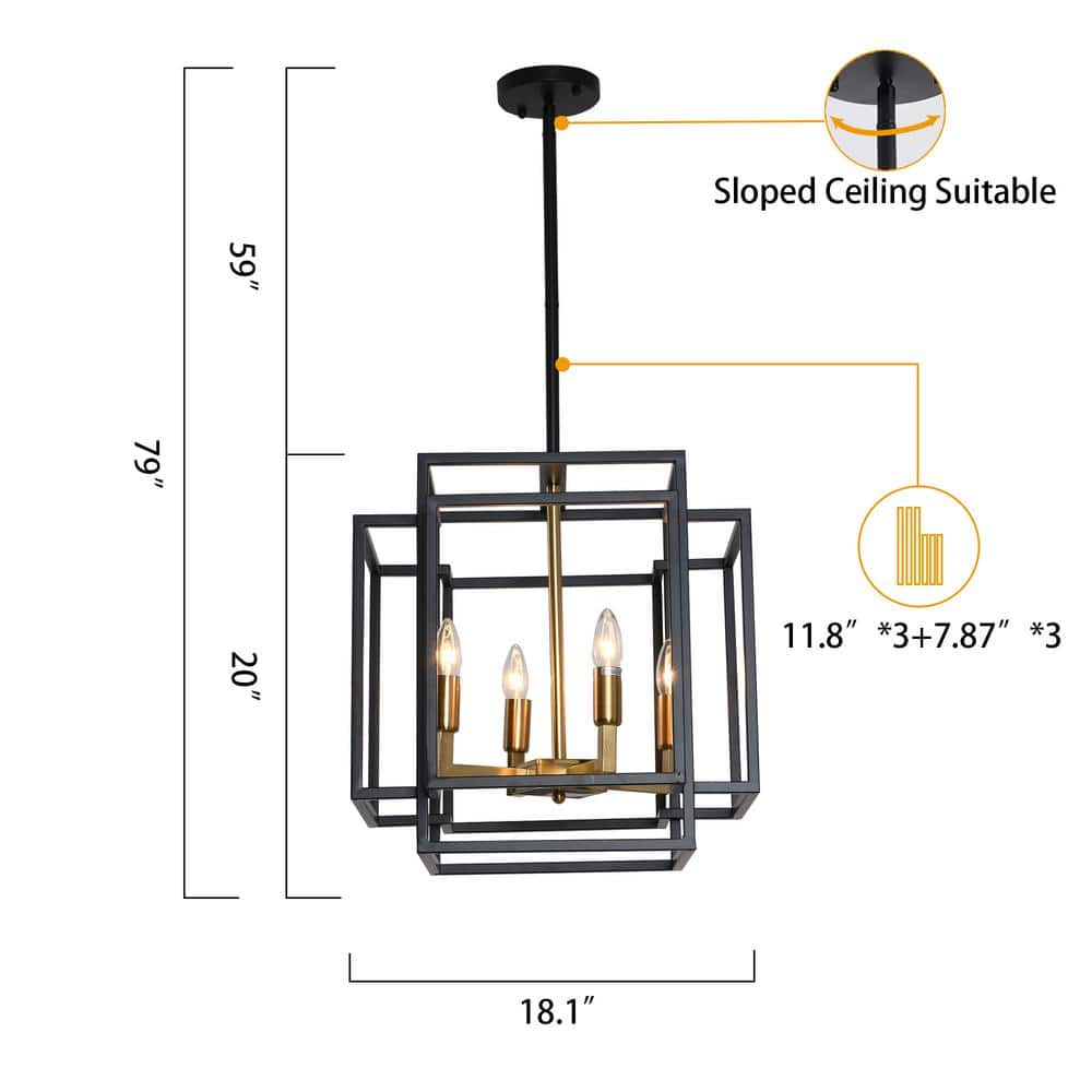 Black and Gold Metal Lantern Chandelier with Candle Bulbs