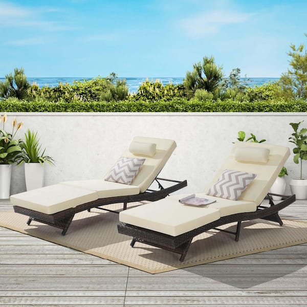 Unbranded 2 Pieces Wicker Outdoor Lounge Chair, Reclining Chair, 5-Adjustable Angles with Khaki Cushion for Poolside Garden