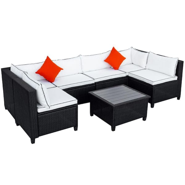 Benjara 7 -Piece White and Brown All Weather Rattan Wicker Outdoor Patio Sectional Sofa Set with Cushions