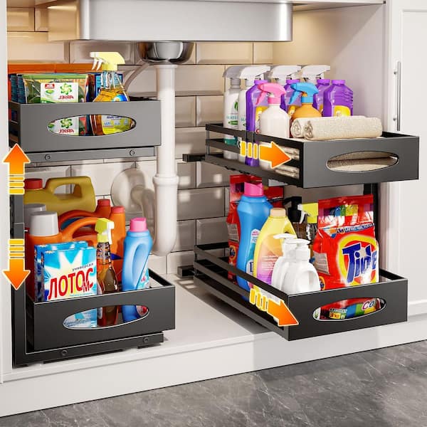 Utility Series 2-Shelf Under Sink Organizer, Carbon Steel, Easy-Install Pull-Out with Height Adjustment, in Black
