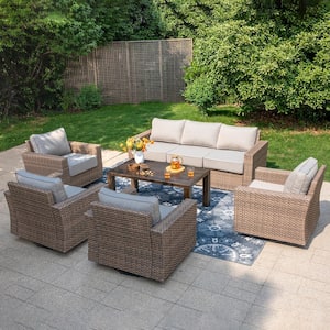 Brown Rattan Wicker 6-Piece Outdoor Patio Conversation Set with 4 Swivel Rocking Chairs, Table, and Light Gray Cushions