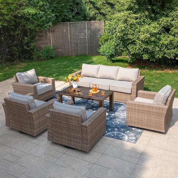 PHI VILLA Brown Rattan Wicker 6-Piece Outdoor Patio Conversation Set ...