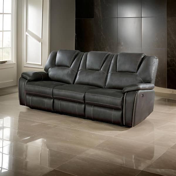 Benjara 83.5 in. Pillow Top Arm Faux Leather Rectangle with Drop Down Table and Cupholders Sofa in Gray