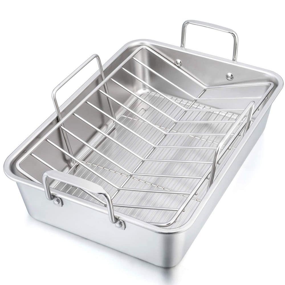 10 qt. Silver Stainless Steel Oven Safe Rectangular Roaster Pan with Baking Rack and V-Shaped Rack for Turkey Chicken price history on PriceWatchPro