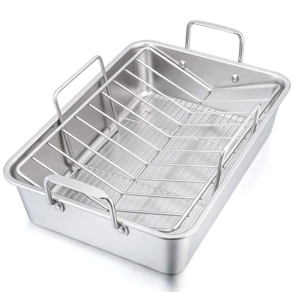 10 qt. Silver Stainless Steel Oven Safe Rectangular Roaster Pan with Baking Rack and V-Shaped Rack for Turkey Chicken
