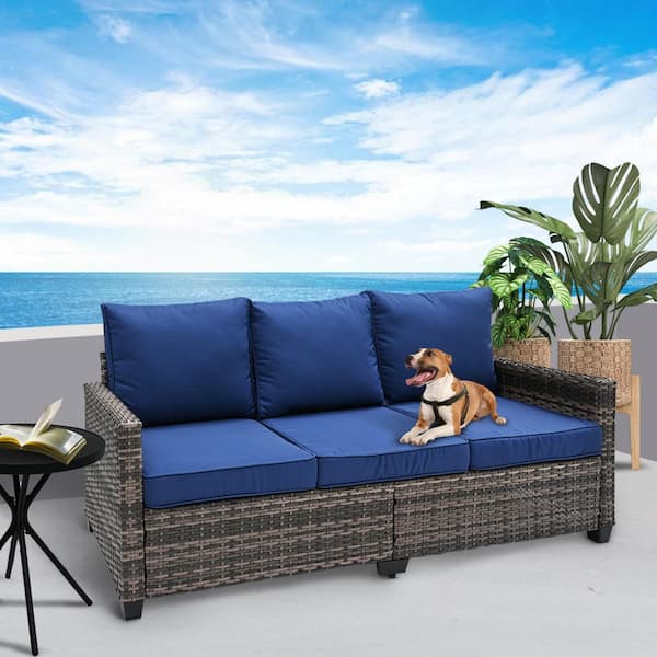 3 Seater Wicker Outdoor Garden Chaise Lounge Sofa Set with Navy Cushions