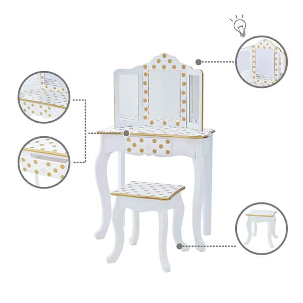 Teamson Kids Fantasy Light LED Prints - TD-11670ML Depot Dot Vanity with Gisele The Play Set Fashion Home in Mirror Fields White/Gold Polka