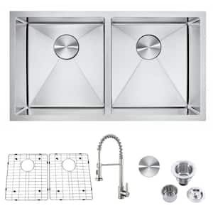 Handmade 18-Gauge Stainless Steel 32 in. Double Bowl Undermount Kitchen Sink with Faucet
