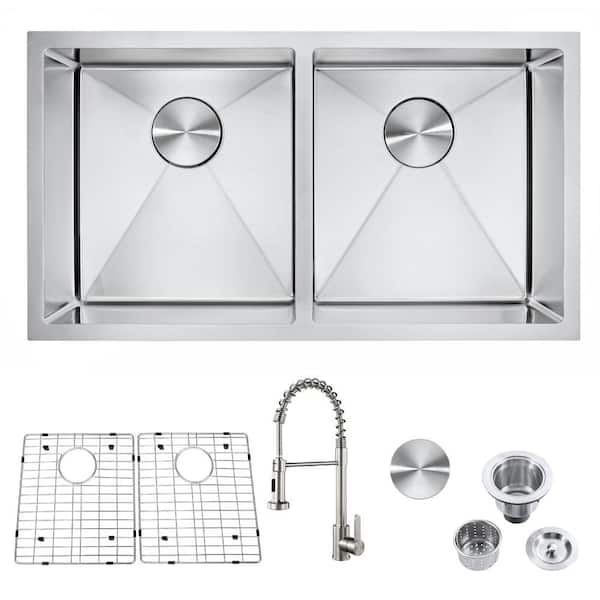 Attop Handmade Stainless Steel 32 in. Double Bowl 18-Gauge Undermount Kitchen Sink with Pull Down Faucet