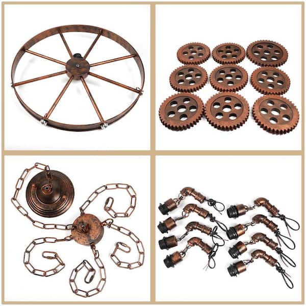 OUKANING 39.37 in. 9-Light Brown Retro Industrial Gear Wheel
