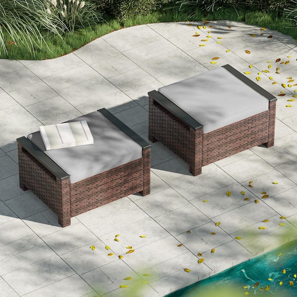 JOYESERY 2-Pieces Outdoor Ottoman PE Brown Wicker All-Weather Patio Ottomans with Gray Cushion
