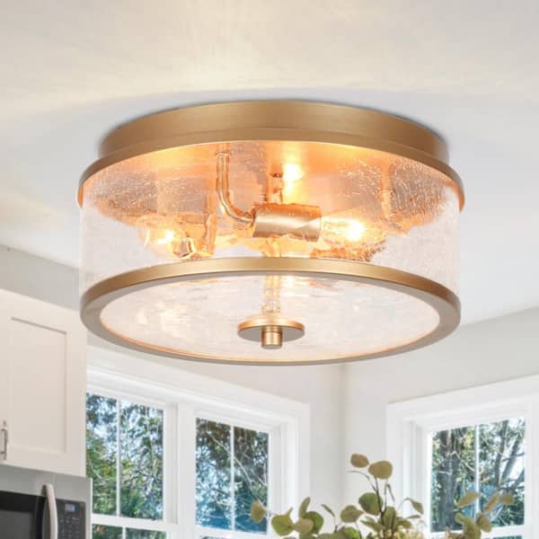 Modern 3-Light Gold Dome Flush Mount Ceiling Light for the Hallway, Bathroom Ceiling Light with Crackle Glass Shade