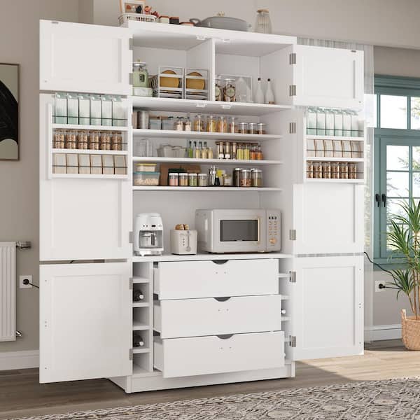 White Wood 41.3 in. x 80.1 in. Pantry Cabinet, Food Pantry with 2 Power Outlets, Adjustable Shelves and Door Shelves