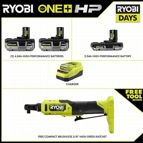 ONE+ HP 18V Brushless Cordless Compact 3/8 in. Ratchet Kit with (1) 2.0 Ah Battery, (2) 4.0 Ah Batteries, and Charger