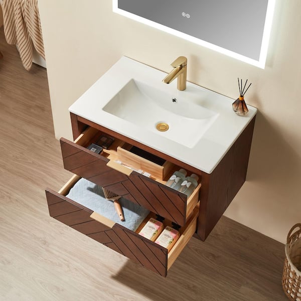 30 in. Walnut Solid Wood Floating Bath Vanity with White Ceramic Top, Soft Close Drawers, Fully Assembled