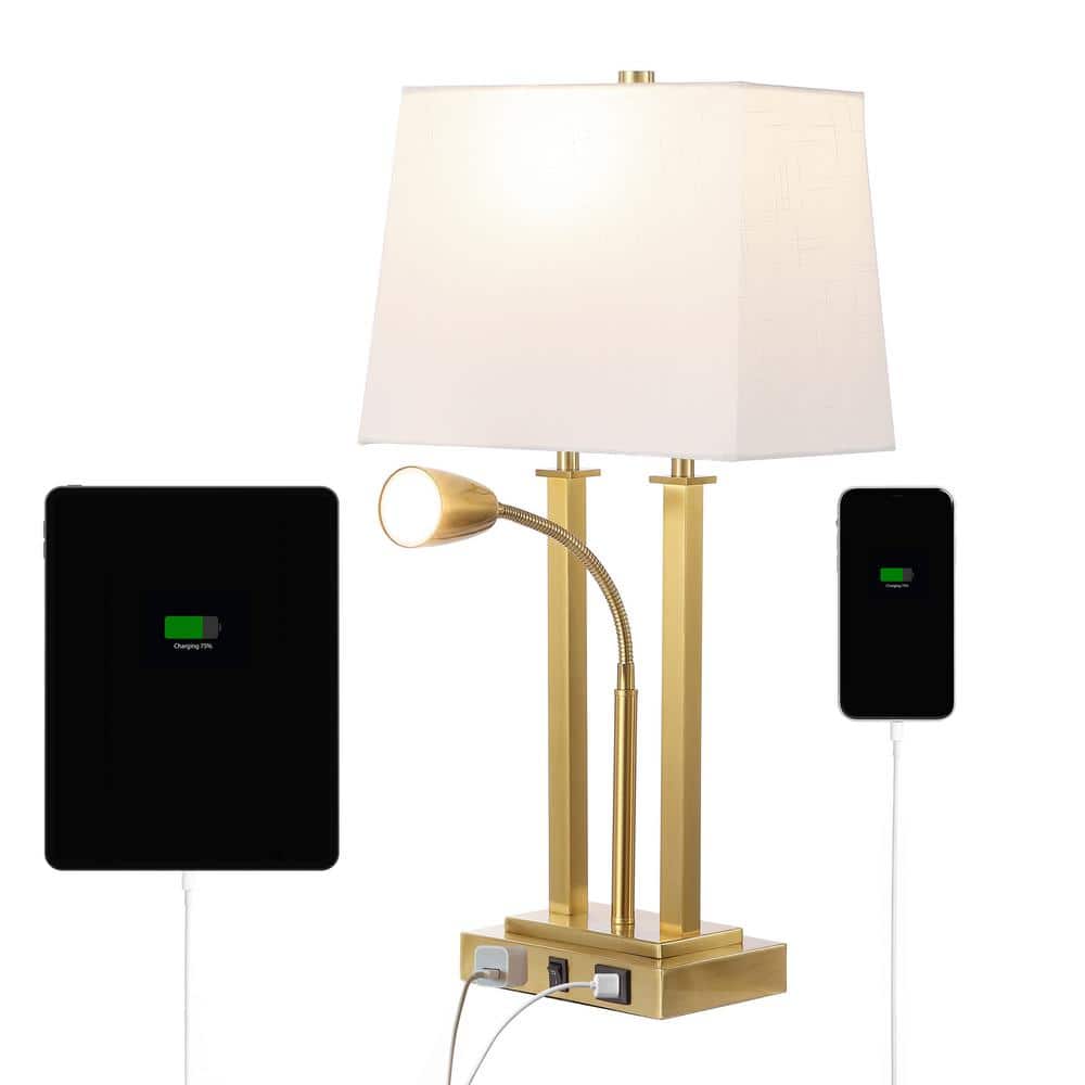 Blaire 23.75 in. Brass Gold 2-Light Metal LED Table Lamp with USB Charging port, Adjustable Reading Light and AC Outlet price history on PriceWatchPro