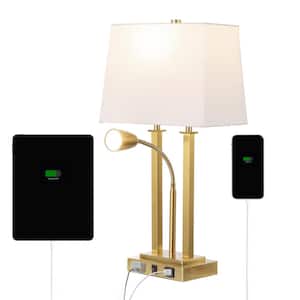 Blaire 23.75 in. Brass Gold 2-Light Metal LED Table Lamp with USB Charging port, Adjustable Reading Light and AC Outlet