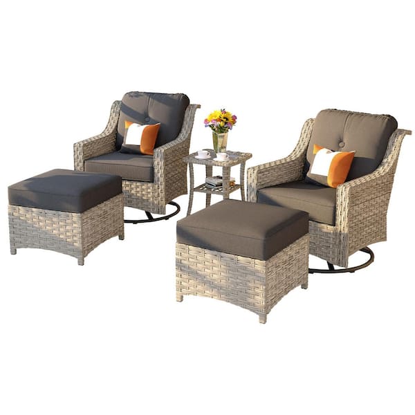 Eureka Grey 5-Piece Modern Wicker Outdoor Patio Conversation Swivel Rocking Chair Seating Set with Black Cushions