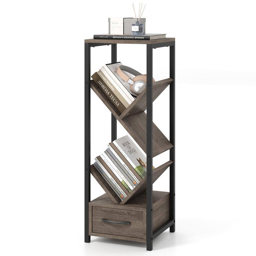 4 Tier Floor Tree Bookshelf with Drawer and Metal Frame-Gray