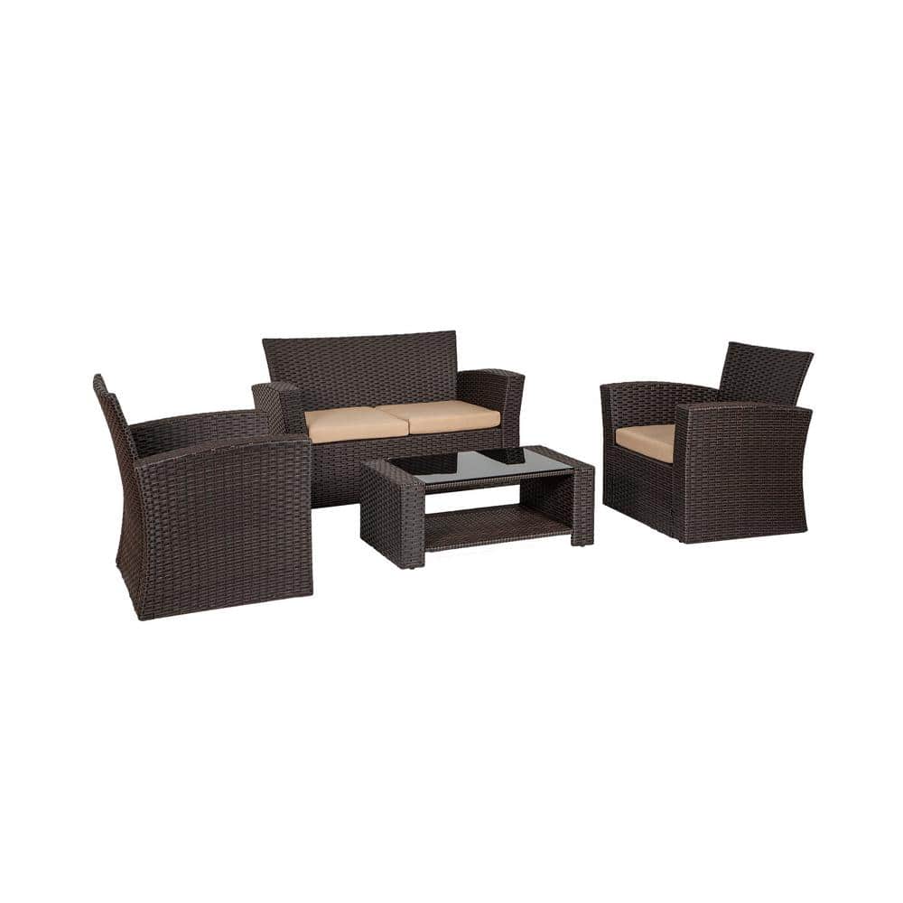 Hudson 4-Piece Dark Brown Wicker Outdoor Patio Set with Beige Cushions