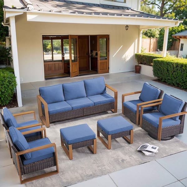 Cube Edge 7-Piece Brown Wicker Patio Conversation Set with Olefin Blue Cushions and Ottomans/ Patio Swivel Gliders