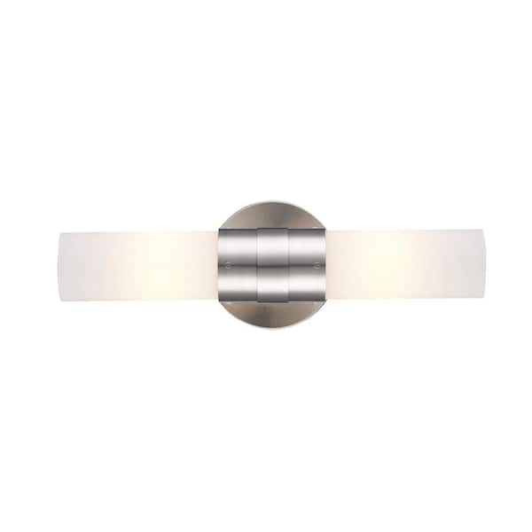 Fusion 15.5 in. 2-Light Brushed Nickel Linear Bathroom Vanity Light Fixture with Frosted Glass Shade