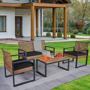 4-Piece Metal Frame Outdoor Bistro Set 2 Chairs, Double Chair, with Black Cushions and Acacia Wood Table Top, for Porch