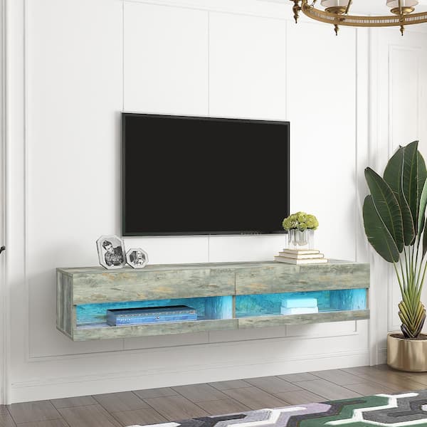 GODEER 70.87 in. Gray TV Stand Fits TV's up to 80 in. Wall Mounted Floating TV Stand with 20 Color LEDs