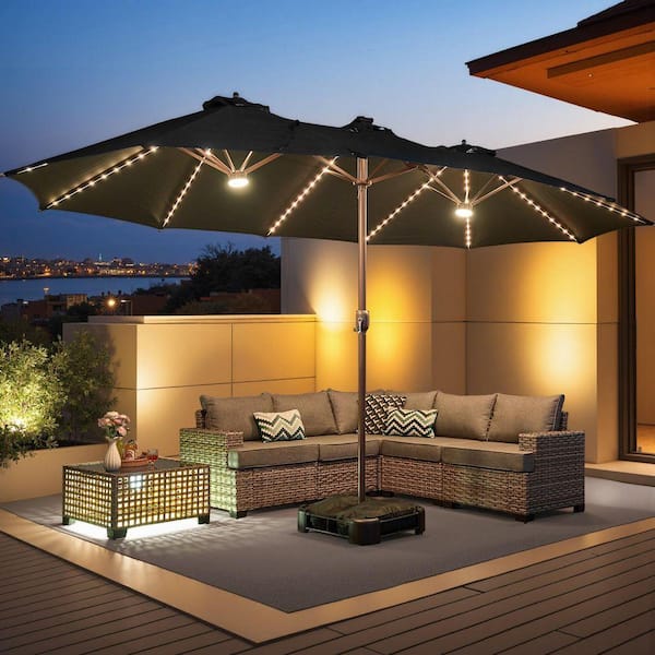 15 ft. x 9 ft. Metal Solar LED Lights Double-sided Market Patio Umbrella with Base and Crank in Dark Gray