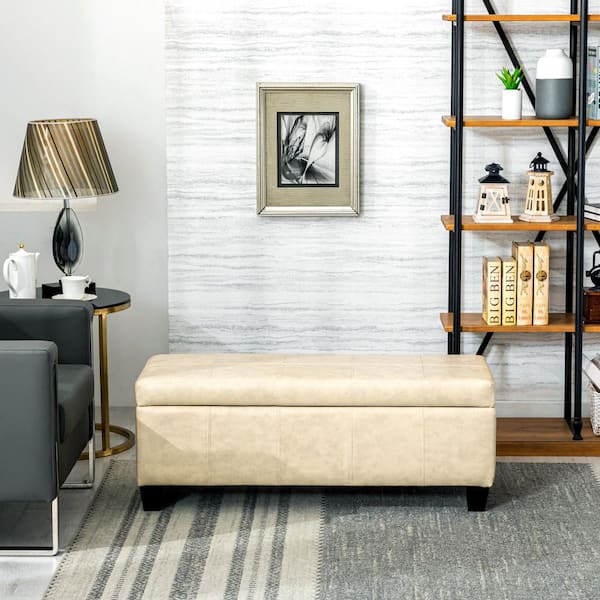 Medora Sand Faux Leather Lift-Top Storage Ottoman Bench